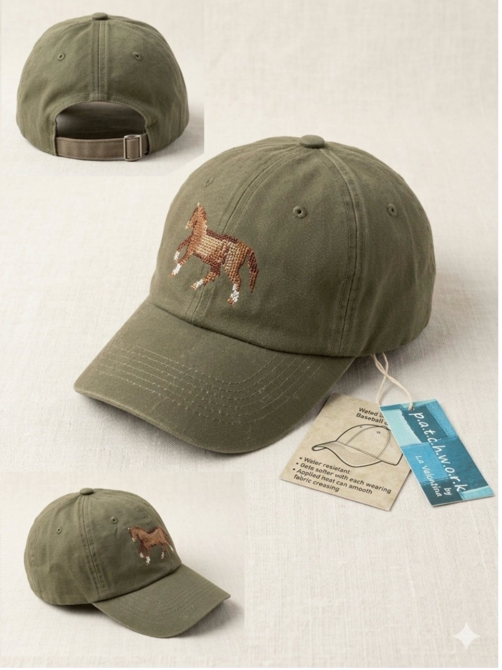 Patchwork by La Valentina Women’s Olive Green Horse Embroidered Baseball Cap NWT